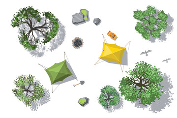 Vector illustration of a tourist clearing with tents, backpacks, fire pit, trees, birds. View from above. Ecotourism. Active leisure. Camping. Top view.