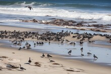 Oil Spill On Sandy Beach, With Seagulls And Pelicans Flying Overhead, Created With Generative Ai