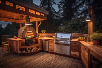 Sticker - cozy, custom-built cooking station with warm lighting and cozy seating for two, created with generative ai