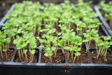 Poster - close-up of sprouting seedlings in garden bed, created with generative ai