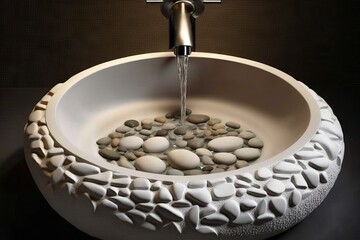 Sticker - round white wash basin with waterfall faucet and river stones, created with generative ai