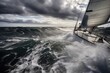 sailboat slicing through choppy waves on a stormy day, created with generative ai