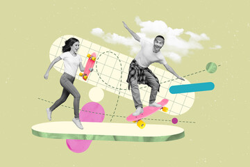 Sticker - Placard collage photo of two young people summertime have fun riding skateboard man woman entertainment isolated on green background