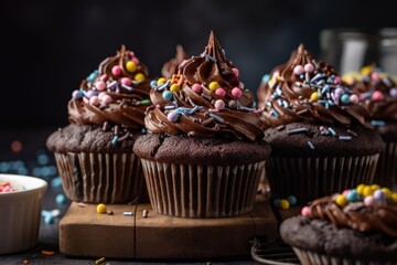 Wall Mural - stack of chocolate cupcakes with piped frosting and sprinkles, created with generative ai