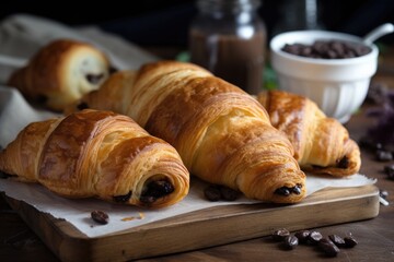 Poster - homemade croissants with chocolate or fruit fillings, created with generative ai