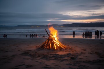 Wall Mural - bonfire on the beach, with waves crashing in the background, created with generative ai