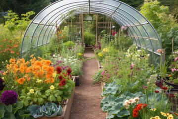 Sticker - greenhouse in a garden, surrounded by blooming flowers and vegetables, created with generative ai