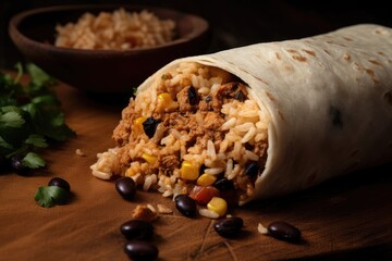 Poster - a close-up of a burrito, with the ingredients and spices visible, created with generative ai