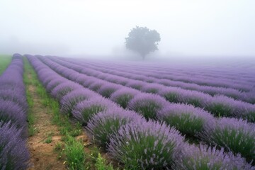 Wall Mural - lavender field blanketed in misty morning fog, created with generative ai