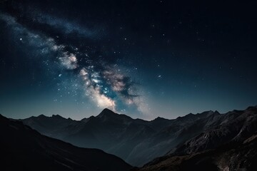 Wall Mural - night sky with stars and crescent moon over mountain range, created with generative ai