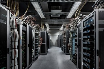 Canvas Print - data center with shelves full of server hardware, cables in sight, created with generative ai