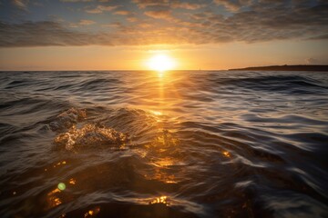 Sticker - rising sun shines over oil slick in calm and peaceful ocean, created with generative ai