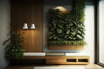 Poster - a room with a vertical garden on one wall and a minimalist wooden bench, created with generative ai