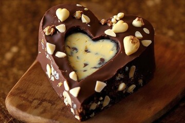 Wall Mural - heart-shaped brownie with white chocolate chips and nuts, created with generative ai