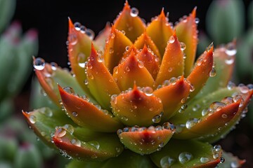 Canvas Print - close-up of blooming succulent, with dew drops on the petals, created with generative ai