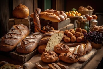 Poster - mouth-watering selection of artisan breads, from baguettes and rolls to ciabattas and flatbreads, created with generative ai