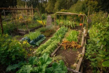 Sticker - permaculture garden, filled with plants and produce for harvest, created with generative ai