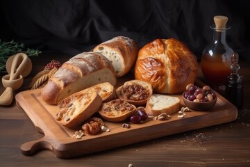 Poster - presentation of freshly baked breads on wooden board, created with generative ai