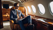 © PaulShlykov - Smiling businessman looking at window in private plane. Business jet interior. Generative AI