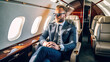 © PaulShlykov - Smiling businessman looking at window in private plane. Business jet interior. Generative AI