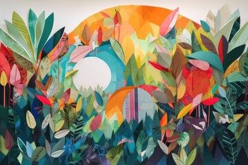 Wall Mural - collage art piece featuring translucent cutouts and layers of colorful paper, created with generative ai