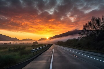 Wall Mural - scenic highway with view of sunrise over mountains, clouds streaking the sky, created with generative ai