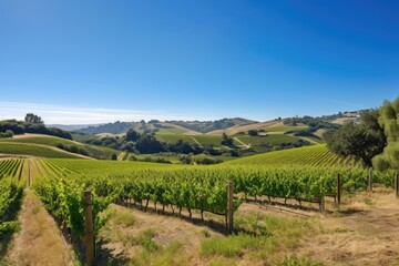 Sticker - vineyard surrounded by rolling hills and clear blue sky, created with generative ai