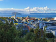 The view of Hammerfest town with Hammerfest church, surrounded by sea, mountains, and islands, Finnmark, Norway