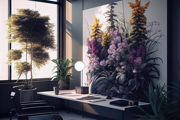 Wall Mural - office with beautiful blooming plants and natural light, created with generative ai