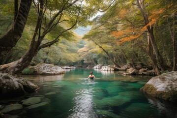 Poster - adventure traveler swimming in crystal-clear river, surrounded by towering trees, created with generative ai