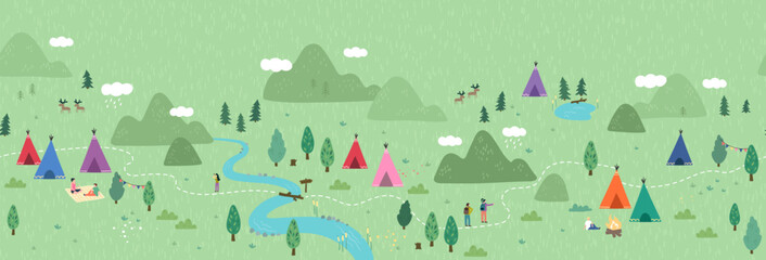 Wall Mural - cute hand drawn vector seamless pattern with camping doodles, tents, landscape and trails, great for