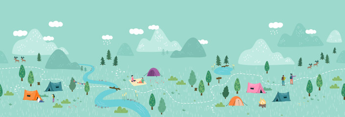 Wall Mural - cute hand drawn vector seamless pattern with camping doodles, tents, landscape and trails, great for