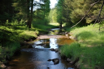 Wall Mural - pristine stream running through forest, with runoff from nearby farm visible, created with generative ai