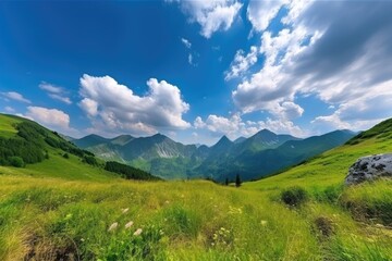 Canvas Print - majestic mountain landscape with clear blue sky and fluffy clouds, created with generative ai