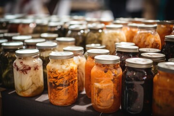 Canvas Print - fermented food market, showcasing a variety of different fermented foods, such as kimchi and sauerkraut, created with generative ai