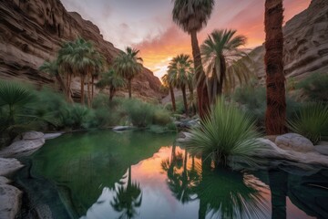 Poster - lush oasis surrounded by fiery canyon sunset, with palm trees and water in the background, created with generative ai