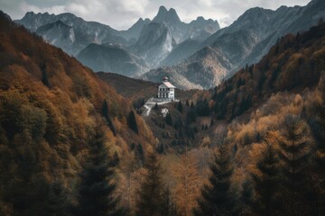 Poster - majestic mountain range with chapel in the distance, hidden among trees and foliage, created with generative ai