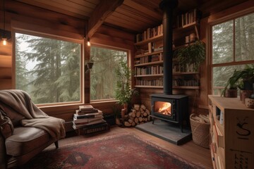 Poster - cozy cabin with fireplace and stack of books for cozy reading retreat, created with generative ai