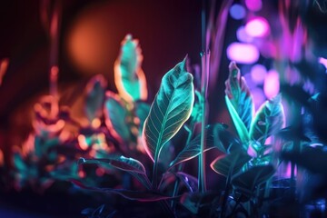 Canvas Print - creative neon plant background with blurred lines and bokeh effect, created with generative ai