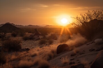 Poster - desert sunrise, with the sun peeking over the horizon and casting its warm light over the landscape, created with generative ai