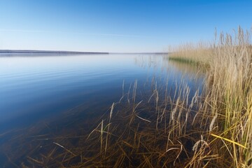 Sticker - tuft of reeds swaying in the wind on crystal-clear lake, created with generative ai