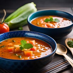 South indian vegetable sambar, in bowl on wooden background - Ai