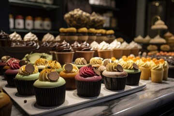 Poster - classic and gourmet cupcakes display with various decorations in the background, created with generative ai