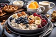 plate of warm oatmeal with toppings, including nuts and fruits, created with generative ai