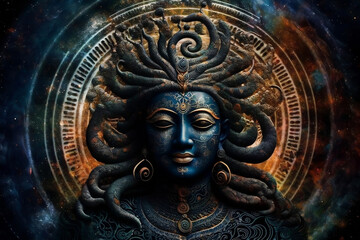 Portrait of Indian Hindu, mythologic God of Vishnu in galaxies spirals space nebulae, in universe. Mahamaya. Concept of meditation and buddhism. Generative AI.