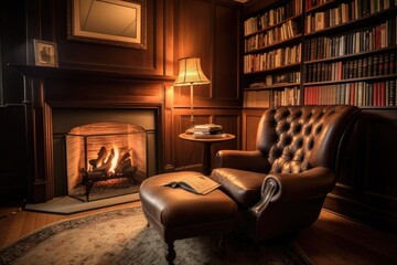 Poster - cozy reading nook with fireplace, comfy armchair, and stack of books, created with generative ai