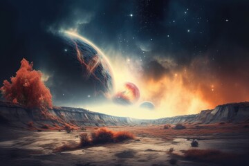 Canvas Print - abstract and surreal landscape with nebula in the background, created with generative ai