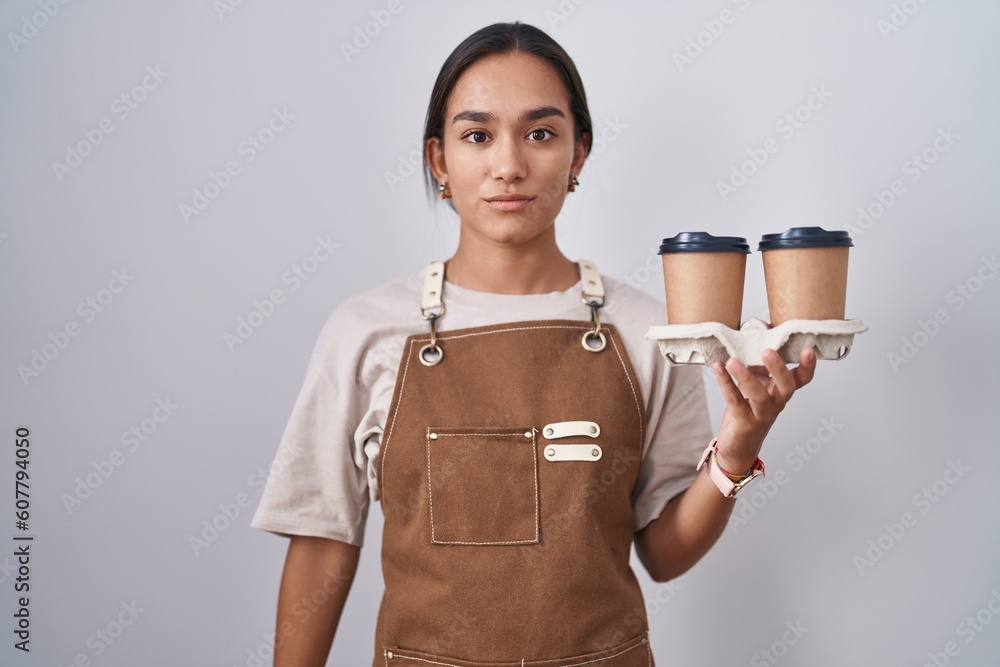 Young hispanic woman wearing professional waitress apron holding coffee relaxed with serious expression on face. simple and natural looking at the camera.