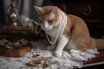 Canvas Print - feline fashion designer creating unique outfit using delicate lace and pearls, created with generative ai