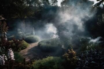 Wall Mural - magical garden, with wisps of smoke drifting from the center and mysterious creatures lurking in the shadows, created with generative ai